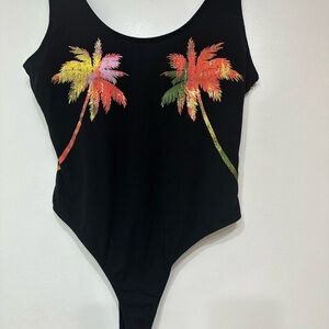 Guess Black Bodysuit with Vibrant Palm Design